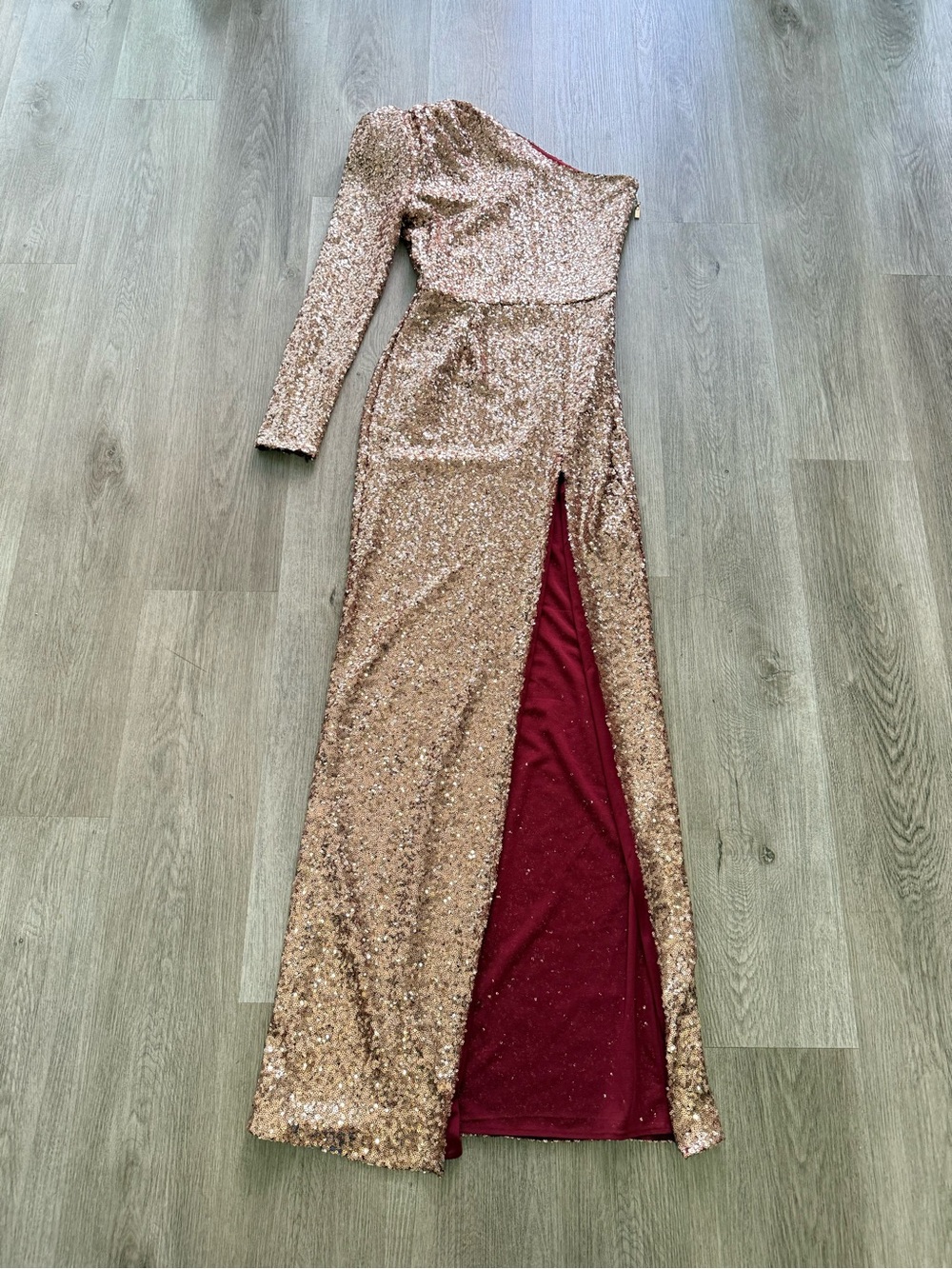 bronx and banco one shoulder rose gold bronze metallic sequin gown dress medium